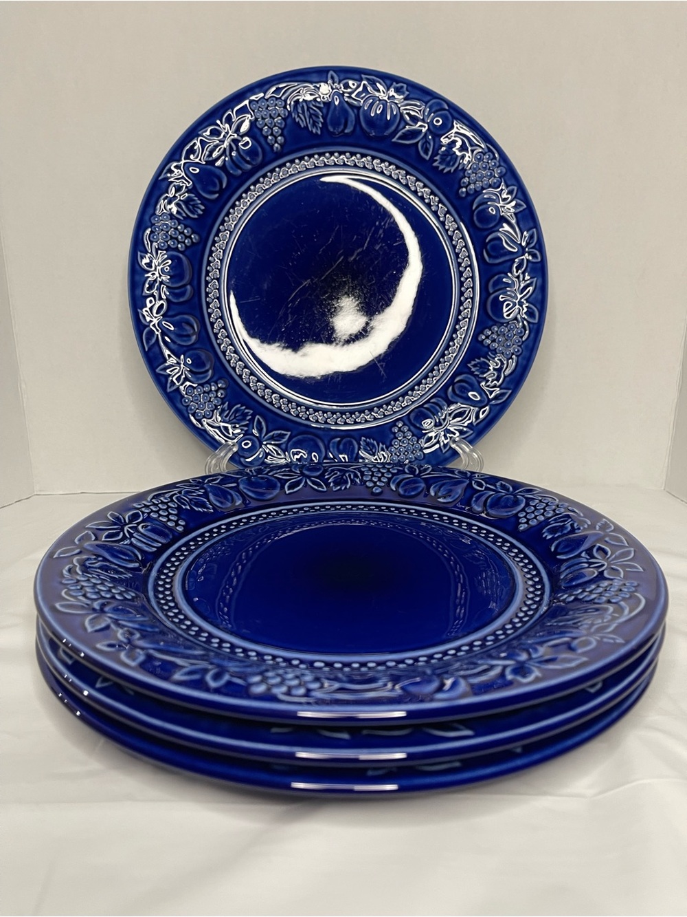 Ambiance Cobalt Blue Embossed Ceramic Dinner Plates - Set of 4